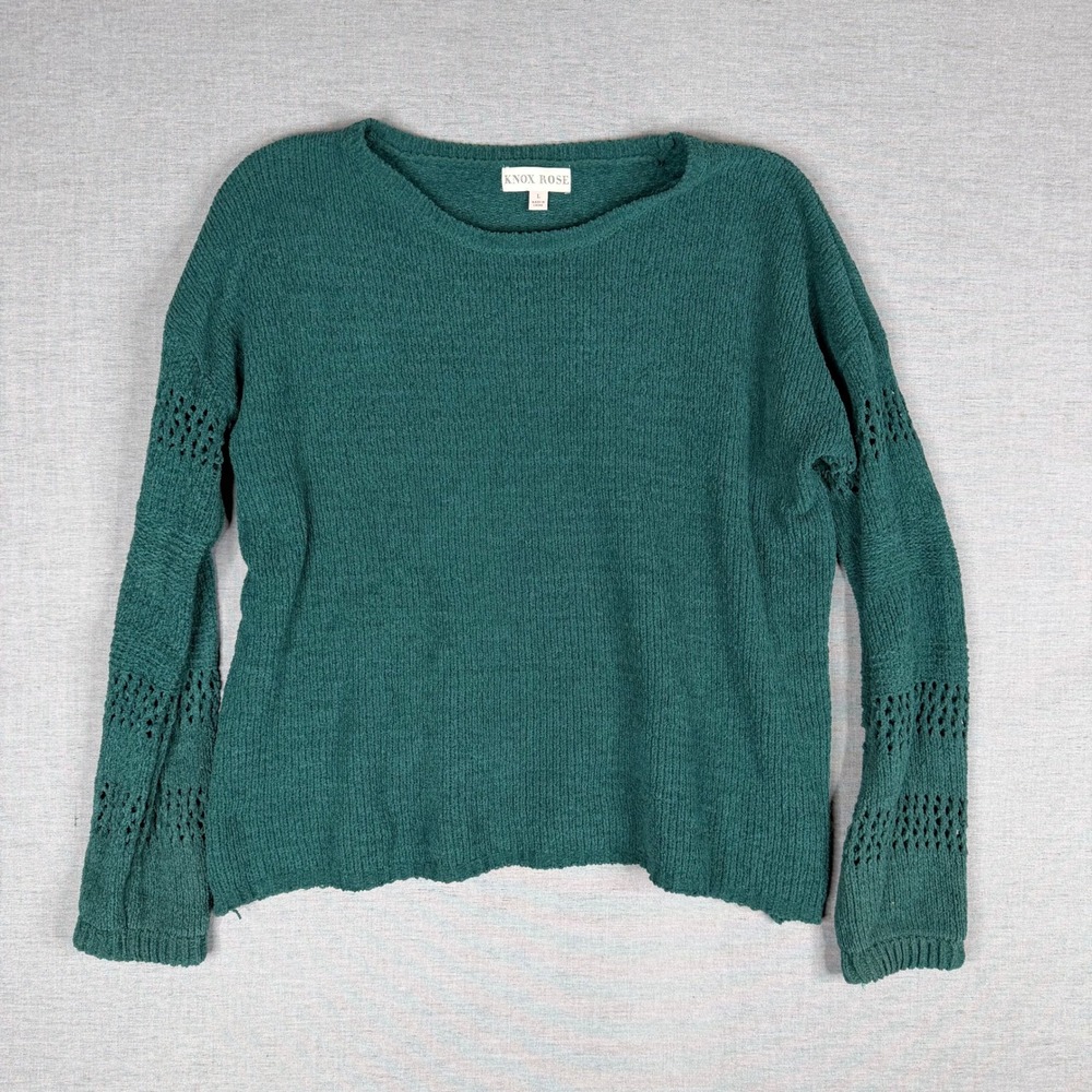 Knox Rose Womens‎ Green Crochet Sleeve Textured Knit Pullover Sweater Size L